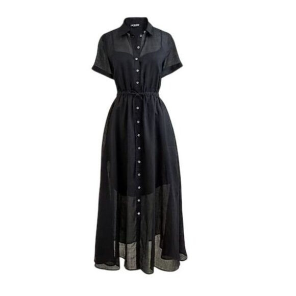 NWT J.Crew Women's Sz 6 Black Cerise Shirt-Dress Ramie A-Line Midi Lined CK661 - Picture 2 of 11